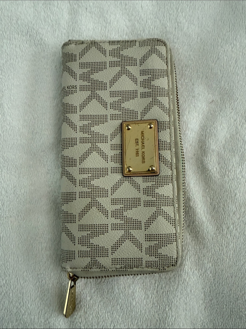 Michael Kors Collection Beige Logo Zip Wallet with Gold Plaque